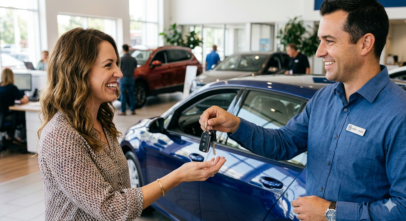 Dealer handing keys to a happy customer at Main Street Motors in Scituate, Rhode Island